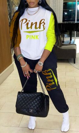 Fashion Casual Letter Print Split Joint O Neck Long Sleeve Two Pieces