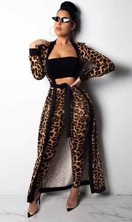 Leopard print Elastic Fly Mid Leopard Straight Pants Two-piece suit