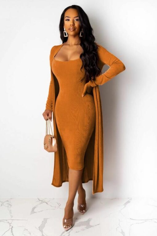 adult Casual Fashion Two Piece Suits Solid A-line skirt Long Sleeve Two-Piece Dress