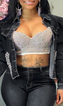 Casual Solid Beading Long Sleeve Denim