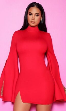 Polyester Fashion Sexy adult Bell sleeve Long Sleeves Turtleneck Step Skirt Mini split Patchwork Sol
