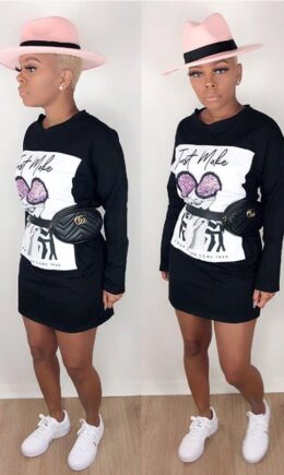 Casual Fashion adult Cap Sleeve Long Sleeves O neck Step Skirt Mini Print Long Sleeve Dre