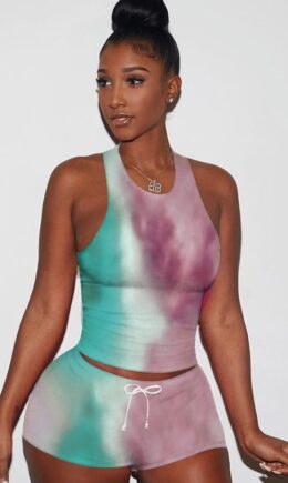 celadon Polyester Fashion Casual adult Ma'am Patchwork Print Tie Dye contrast color Two Piece Suits pencil Sleeveless Two Pieces