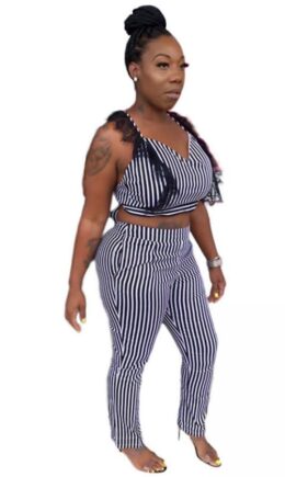 Polyester Fashion adult Sexy Bandage Print lace Striped Two Piece Suits Straight Sleeveless  Two-pie