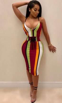 Multi-color Polyester Sexy Fashion Spaghetti Strap Sleeveless Slip Sheath Mid-Calf asymmetrical bandage Striped