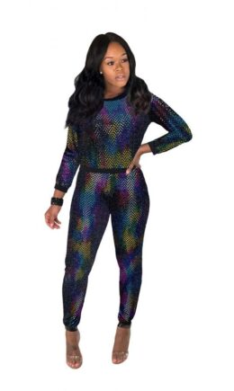 Multi-color Polyester adult Sexy Fashion Sequin Two Piece Suits Geometric pencil Long Sleeve  Two-piece Pants Se