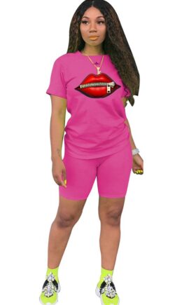 Fashion Casual adult Ma'am Print Two Piece Suits Lips Print Straight Short Sleeve Two Pieces