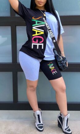 Polyester Fashion Europe and America Patchwork Print Two Piece Suits pencil Short Sleeve Two Pieces
