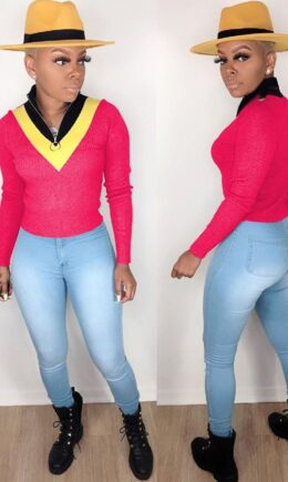 Polyester V Neck Long Sleeve Solid Patchwork  Long Sleeve Tops