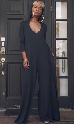 Work Solid Polyester Long Sleeve V Neck  Jumpsuits