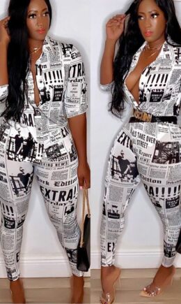 Polyester Fashion Sexy Slim fit Two Piece Suits Geometric Letter asymmetrical Print Skinny Half Slee
