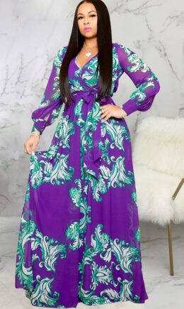 Chiffon Sexy Shirt sleeves Long Sleeves V Neck Swagger Floor-Length Print Patchwork Long Sleeve Dre