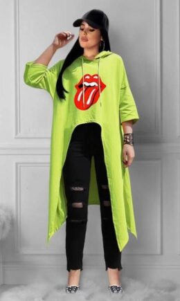 Fluorescent green Polyester hooded Long Sleeve Lips Print Print  Tees & T-shirts