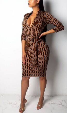 Sexy Fashion Cap Sleeve 3/4 Length Sleeves V Neck Slim Dress Knee-Length Print Patchwork Club Dress