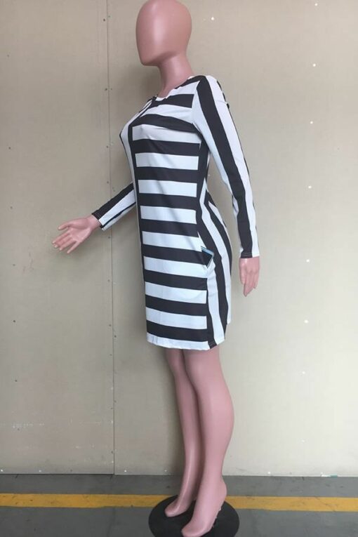 Acetyl fiber Sweet Cap Sleeve Long Sleeves O neck Swagger Knee-Length Print Striped Patchwork