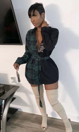 Polyester V Neck Long Sleeve contrast color Bandage Patchwork asymmetrical Plaid  Blouses & Shirts