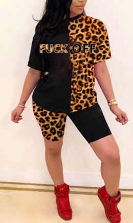 Polyester Fashion Sexy adult Ma'am Leopard Letter Patchwork Print contrast color Two Piece Suits pencil Short Sleeve Two Pieces
