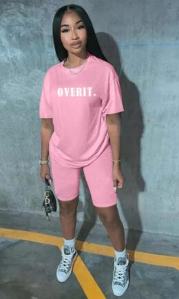 Polyester Fashion adult Active Letter Print Two Piece Suits Patchwork Straight Short Sleeve  Two-Pie