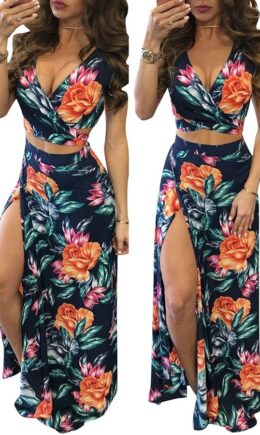 Polyester adult Street Fashion Two Piece Suits Patchwork Print Split Floral A-line skirt Short Sleev