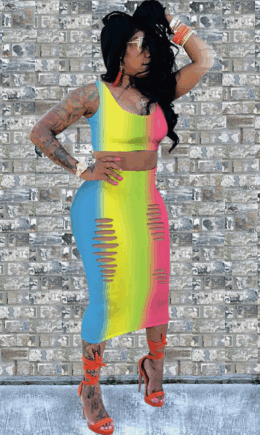 Sexy Fashion Tank Sleeveless O neck Step Skirt Mid-Calf hollow out Print Fluorescent hole backless