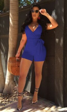 Royal blue Polyester Bandage Backless Solid Fashion sexy Jumpsuits And  Rompers