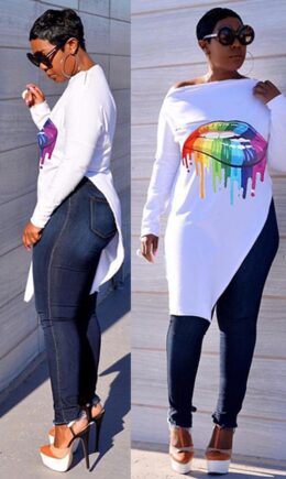 Polyester O Neck Nine Sleeves Print Lips Print Zippered Split  Tees & T-shirts