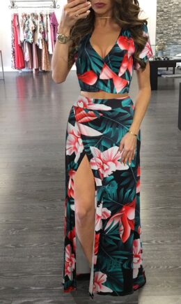 Fashion adult Sexy Patchwork Print Two Piece Suits Split Floral bow-knot Hip skirt Short S