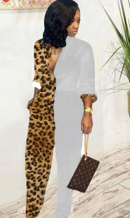 Casual Print Leopard grain Patchwork Long Sleeve O Neck Jumpsuits