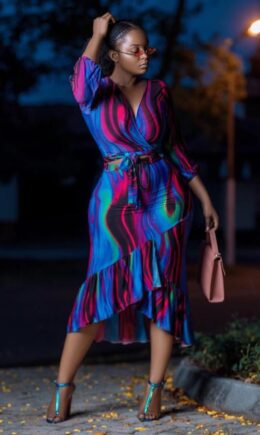 Polyester Fashion Sexy Cap Sleeve Half Sleeves V Neck A-Line Mid-Calf asymmetrical Print ruffle Patc