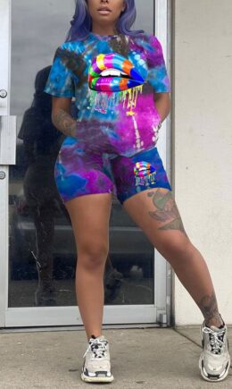 Polyester Fashion adult Street Patchwork Print Tie Dye asymmetrical Two Piece Suits Lips Print pencil Short Sleeve Two Pieces