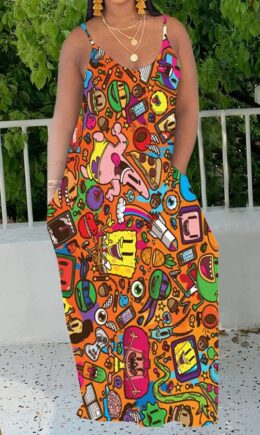 Fashion Casual adult cartoon Spaghetti Strap Sleeveless V Neck Swagger Floor-Length Print Patchwork Ombre Tie and dye Dresses