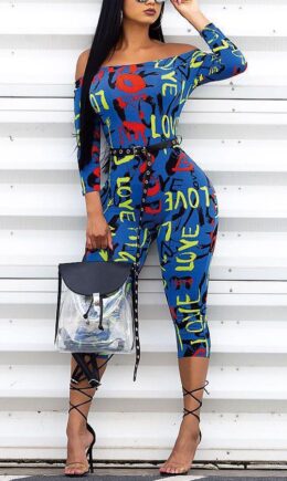 Drawstring Mid Print Skinny Capris  Jumpsuits And  Rompers