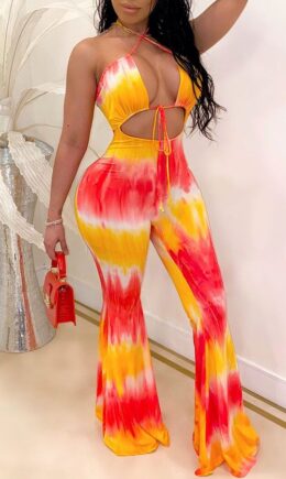 Fashion Sexy Print Patchwork bandage Tie-dyed Hollow Polyester Sleeveless Hanging neck Jumpsuits