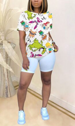 colour Polyester O Neck Short Sleeve Patchwork Print Character Tops