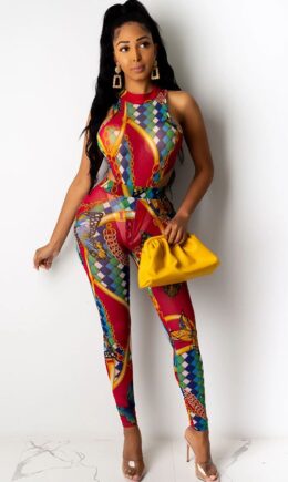 Polyester Fashion Ma'am adult Sexy Two Piece Suits Print Patchwork pencil Sleeveless  Two-piece Pant