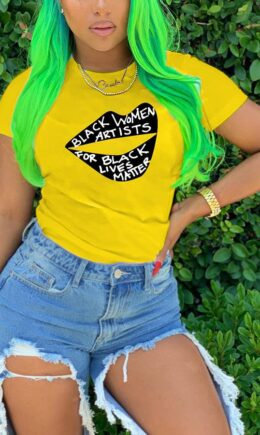 O Neck Short Sleeve Letter Patchwork Print Slim fit Lips Print Tops