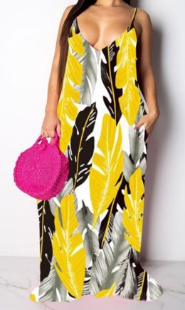 Cotton Fashion Casual adult Spaghetti Strap Sleeveless V Neck Swagger Floor-Length Print Patchwork Dresses