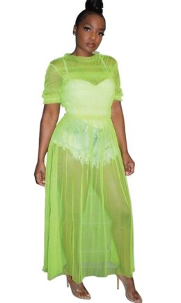 Fluorescent green Polyester Fashion Sexy Cap Sleeve Short Sleeves O neck A-Line Knee-Length Mesh Patchwork perspective