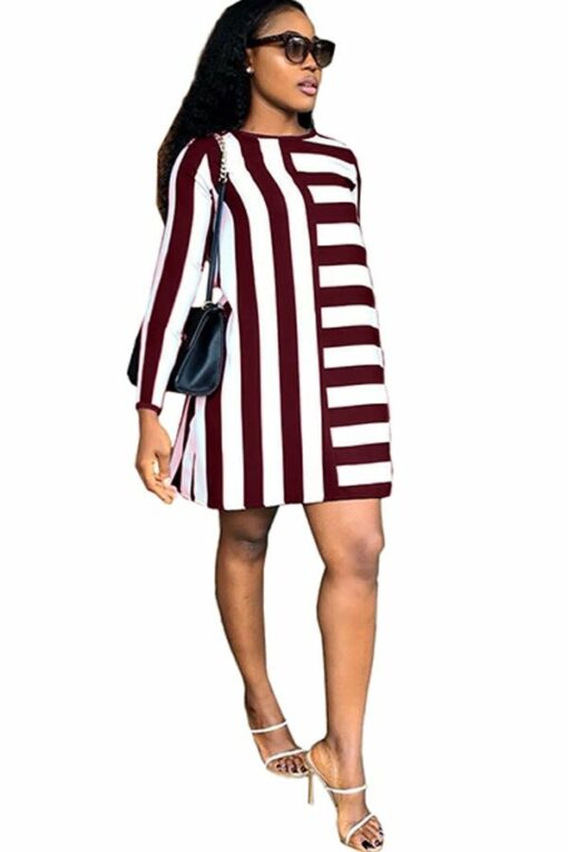 Acetyl fiber Sweet Cap Sleeve Long Sleeves O neck Swagger Knee-Length Print Striped Patchwork