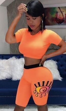 Polyester Fashion Sexy backless Patchwork Print Straight Short Sleeve  Two-Piece Short Set