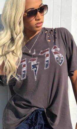Fashion Casual  O-Neck Short Hole Letter Regular Tees & T-shirts