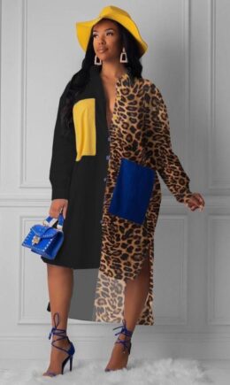 Polyester adult Street Fashion Shirt sleeves Long Sleeves Half-Open collar Asymmetrical Mid-Calf Pri