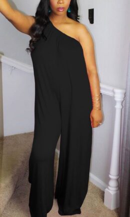 Fashion Sexy Patchwork Solid Polyester Sleeveless one shoulder collar Jumpsuits