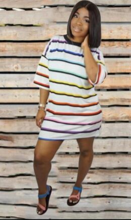 Polyester Casual Fashion adult Cap Sleeve Half Sleeves O neck Step Skirt Mini Striped Beading Patchw