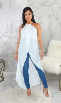 Polyester Sexy Fashion Tank Sleeveless O neck Asymmetrical Ankle-Length Patchwork Solid asymmetrical