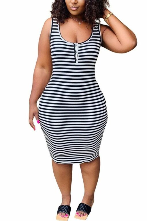 Polyester Fashion adult Lightly cooked Tank Sleeveless O neck Pencil Dress Knee-Length Striped Print Patchwork Dresses