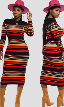 Polyester Casual Cap Sleeve Long Sleeves O neck Lantern skirt Mid-Calf Print Striped