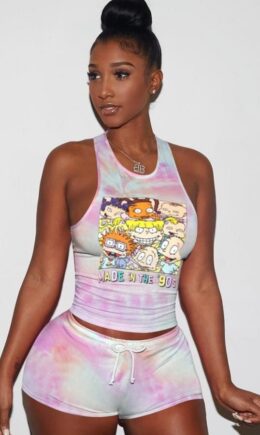 Polyester Fashion Sexy adult Patchwork Print Character Tie Dye Two Piece Suits Straight Sleeveless Two Pieces