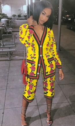 Red-green venetian Casual Two Piece Suits Print Straight Long Sleeve  Two-Piece Short Set