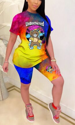Polyester Fashion Casual adult Patchwork Print Character Two Piece Suits Straight Short Sleeve Two Pieces